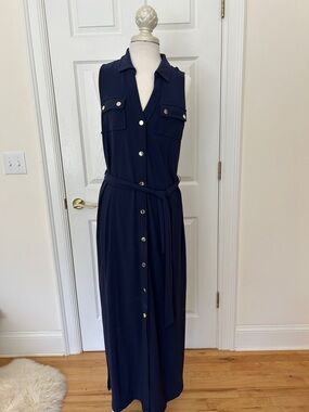 Boston Proper Navy Sleeveless Maxi Shirt Dress with Gold-Tone Buttons